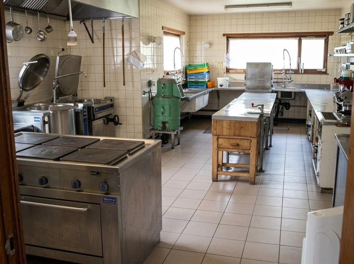 La grande cuisine : fourneau à plaques, marmites basculantes et plans de travail en inox