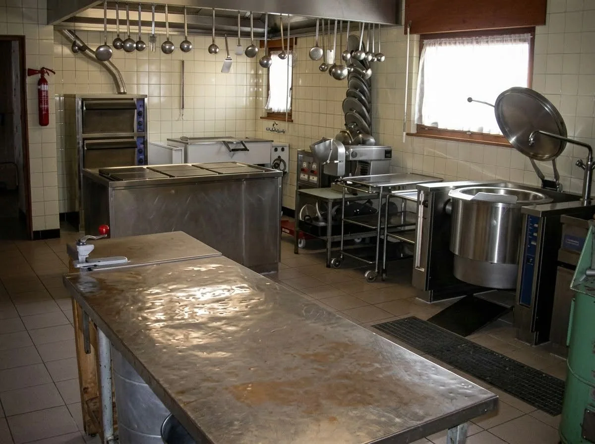 La cuisine vue depuis l'entrée : grande table en inox, fours et marmite basculante de 60 litres